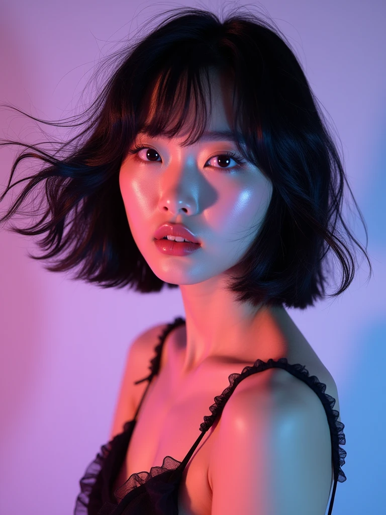 real photograph, (masterpiece), (highest quality), (Super detailed), (messy hair), (shape), (one japanese girl), (chiffon frill bikini), Are standing, Fashion Model, (simple purple pink background), fine and beautiful eyes, pretty faced, floating, (high color saturation), focus on face, black bob cut hair, floating Hairs, (shining), best writing, best shadow,