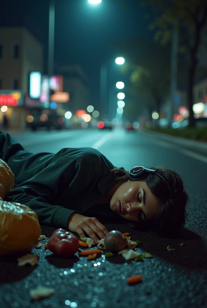 (photorealism:1.2) a young woman hitted by a sppeding car at night it is a hit and run a noone was around when the accident happens and she was wearing a headphone and she was holding groceries