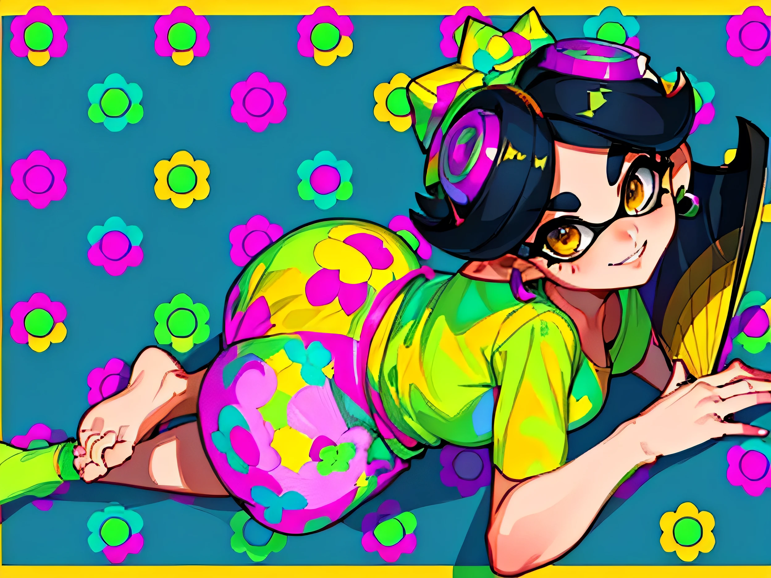 callie from splatoon tendida en el suelo., high quality Arte de fan, video game Arte de fan, , grueso, portrait of callie, official Arte de fan, Arte de fan ”, detailed Arte de fan, highly detailed exquisite Arte de fan, un melocotón jugoso parecido a un humano, Arte de fan, boceto coloreado de alta calidad, yellow pijama,