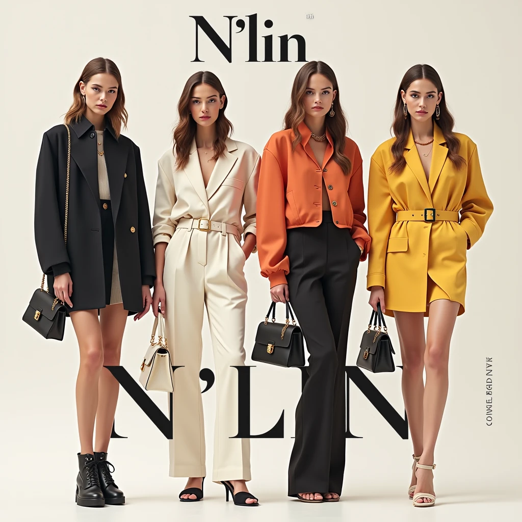 Create a fashion poster for the brand N'Lin, showcasing its chic and trendy style. The poster should appeal to young women aged 25-30, highlighting the brand's focus on fashionable and contemporary designs. Use a sleek and modern aesthetic with high-quality visuals that exude sophistication and style. Incorporate elements like bold typography, elegant models, and a clean layout that reflects the brand's identity as a leader in high-end fashion for young, stylish women. The overall design should convey a sense of exclusivity, confidence, and cutting-edge fashion.
