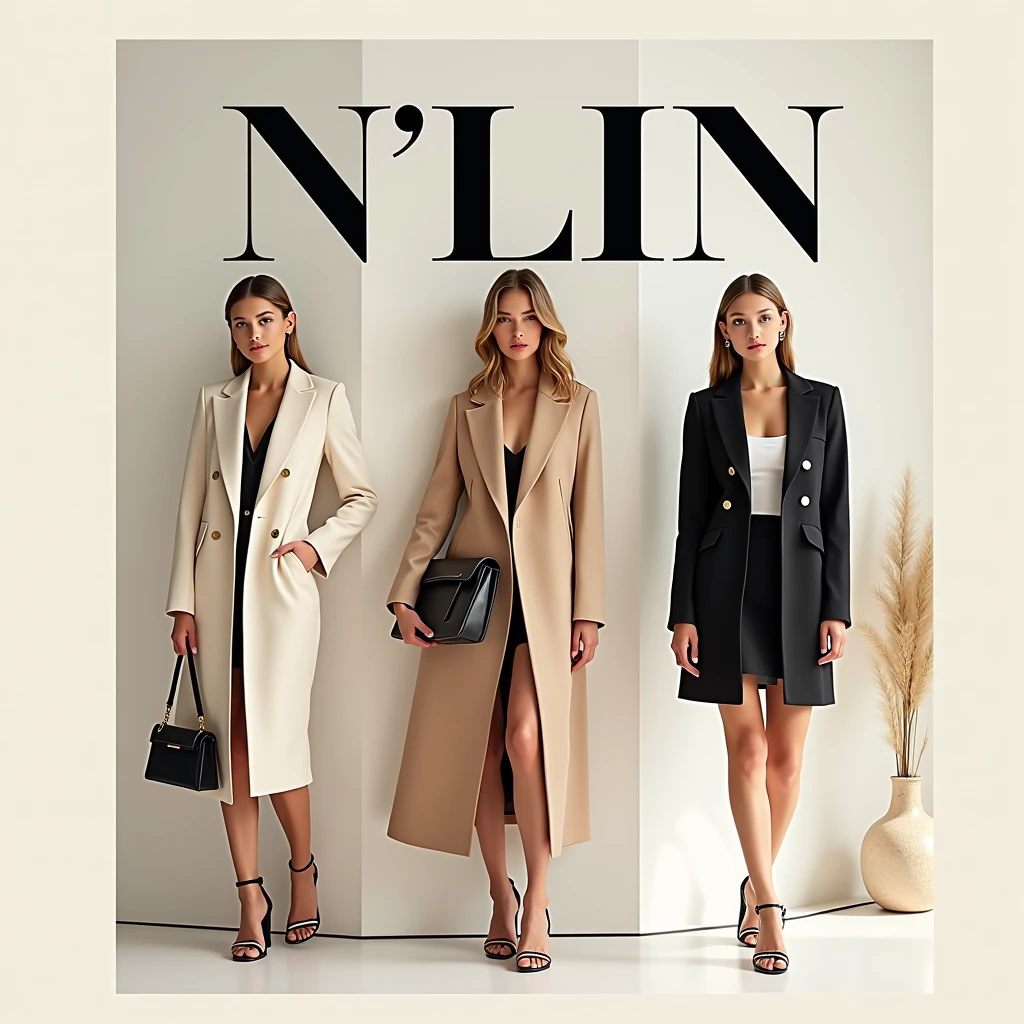 Create a fashion poster for the brand N'Lin, showcasing its chic and trendy style. The poster should appeal to young women aged 25-30, highlighting the brand's focus on fashionable and contemporary designs. Use a sleek and modern aesthetic with high-quality visuals that exude sophistication and style. Incorporate elements like bold typography, elegant models, and a clean layout that reflects the brand's identity as a leader in high-end fashion for young, stylish women. The overall design should convey a sense of exclusivity, confidence, and cutting-edge fashion.