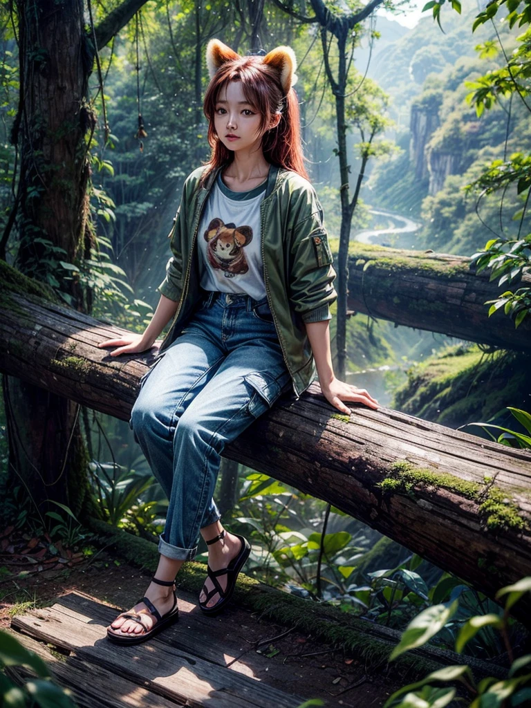 A stunning cinematic photo capturing a naturally beautiful Korean woman in a 3/4 angle full body view. She is seated on a fallen tree trunk in a serene green hill environment, surrounded by lush foliage and a distant mountain range. The woman is dressed casually in a t-shirt, cargo jacket, and long denim pants, with flip-flops on her feet. She is holding a captivatingly cute red panda, which adds a magical touch to the scene. The soft sunlight creates an ambient glow, and the image is captured in ultra-high definition with a DSLR camera, showcasing an impressive level of detail., cinematic, wildlife photography, photo, portrait photography