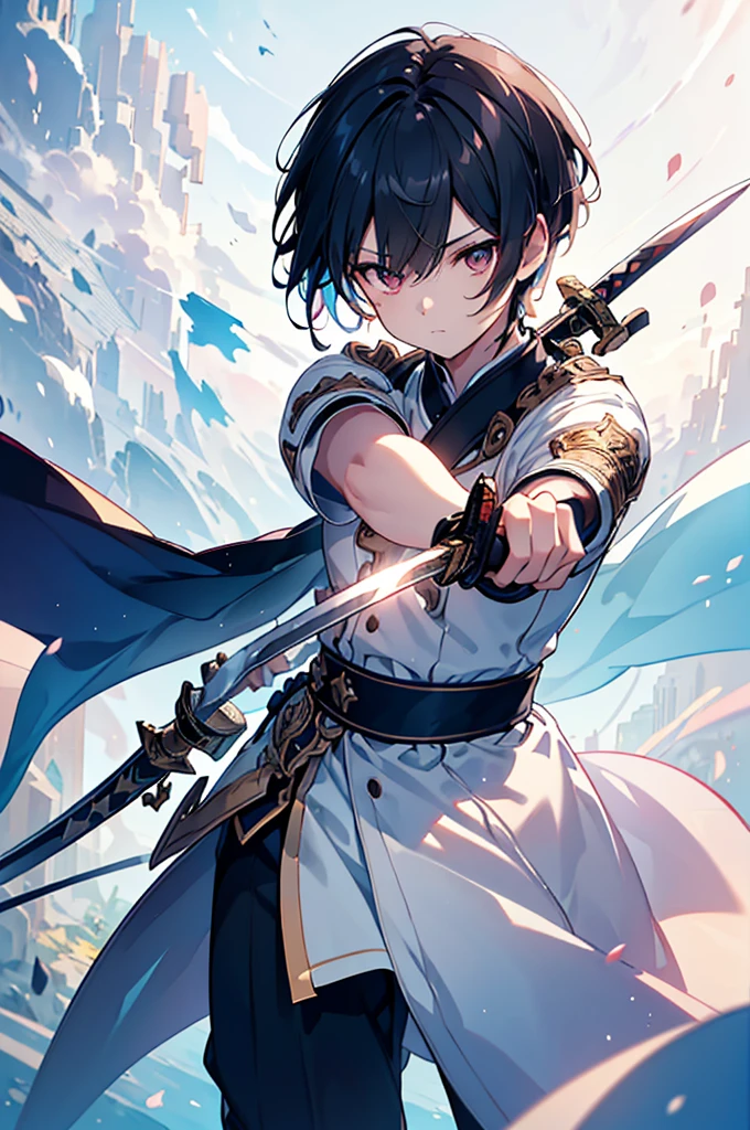 youth、male、Short hair brushed up, k minus 1, (masterpiece:1.2, Highest quality),(Colored Background) (Beautiful attention to detail: 1.2), (Highly detailed CG Unity 8K wallpapers, masterpiece, Highest quality, Very detailed, Best Shadow), (Detailed Background) ,arms(Holding a glowing sword),alone ,Black Hair,Eyes with no red light,One person,Young face