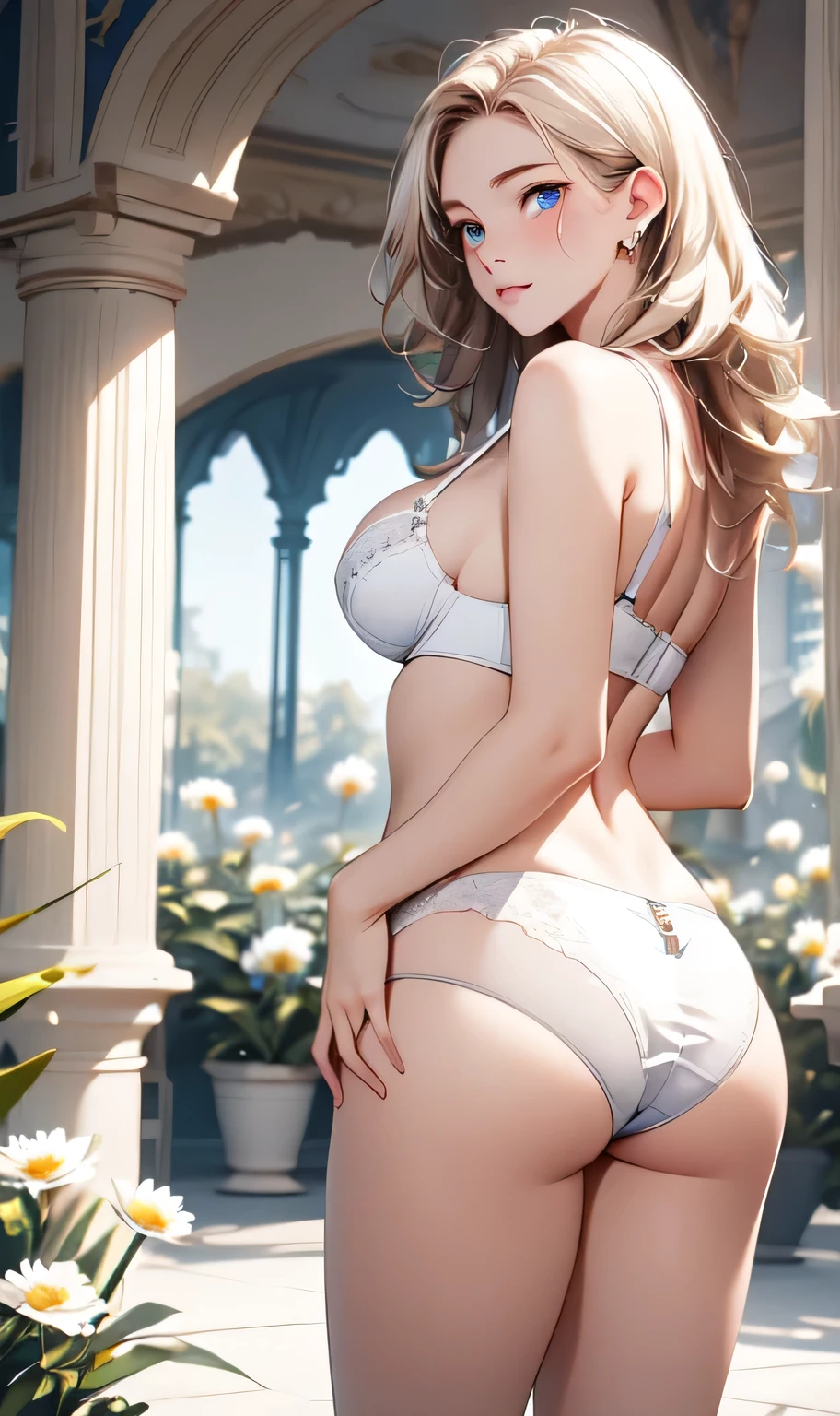 One person,In the flower field,White flower,View your viewers,blue eyes,Blonde,Daisy,Long Hair,Young face,Big eyes,(Drooping eyes)Blue Eyes,Pink Lips,Blushing,A faint smile,White lace bra,(Abnormally very very large breasts)Cleavage,The waist is well-developed.,Sexy ass,((White satin panties 1.1))indoor
(from behind)