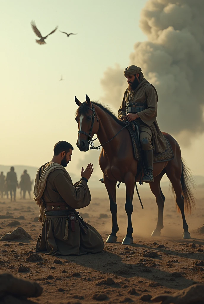A Muslim man warrior offering namaz on the battlefield. And he put down his head in front of Allah. There are birds flying towards the sky. His horse is beside him.