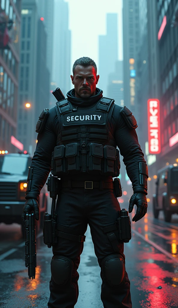 a heavily armed guard in a bulletproof vest, cash handling, armored truck and van, cash delivery and pickup, cyberpunk setting, Dungeons and Dragons style, Baldur's Gate 3 inspired, detailed futuristic environment, hyper-realistic, 8k, cinematic lighting, striking color palette, dramatic shadows and highlights