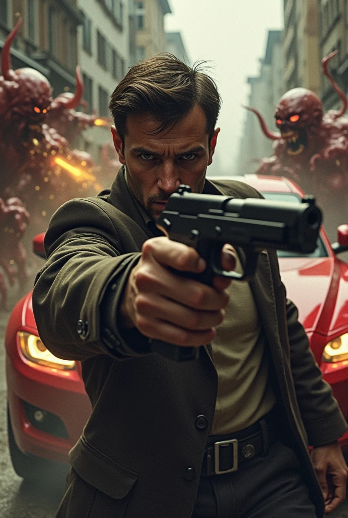 Shooting demons with a ww2 p38 on the street in a Mazda rx8