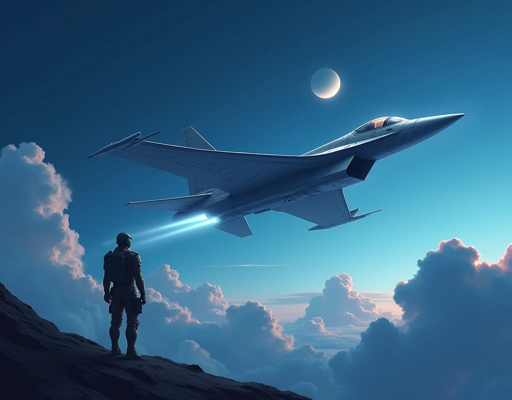 A futuristic sci-fi scene unfolds as a sleek, high-tech jet soars through the sky, its metallic sheen reflecting the pale moonlight. Against the deep blue background, puffy clouds are scattered like cotton balls. The aircraft's nose is pointed towards the crescent moon, while the tail section glows with an otherworldly aura. In the foreground, a military vehicle, possibly a reconnaissance jet, takes center stage, its helmet-shaped cockpit gazing up at the celestial body. The focus remains on the spacecraft as it pierces the atmosphere, leaving a trail of vapor in its wake.