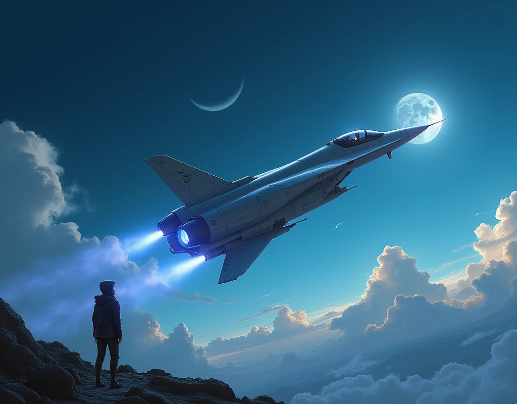 A futuristic sci-fi scene unfolds as a sleek, high-tech jet soars through the sky, its metallic sheen reflecting the pale moonlight. Against the deep blue background, puffy clouds are scattered like cotton balls. The aircraft's nose is pointed towards the crescent moon, while the tail section glows with an otherworldly aura. In the foreground, a military vehicle, possibly a reconnaissance jet, takes center stage, its helmet-shaped cockpit gazing up at the celestial body. The focus remains on the spacecraft as it pierces the atmosphere, leaving a trail of vapor in its wake.