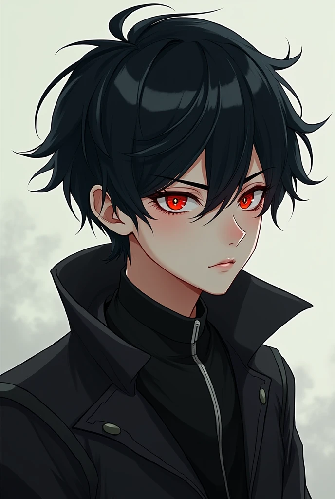 Young black-haired man with red eyes, one of which is damaged., in anime