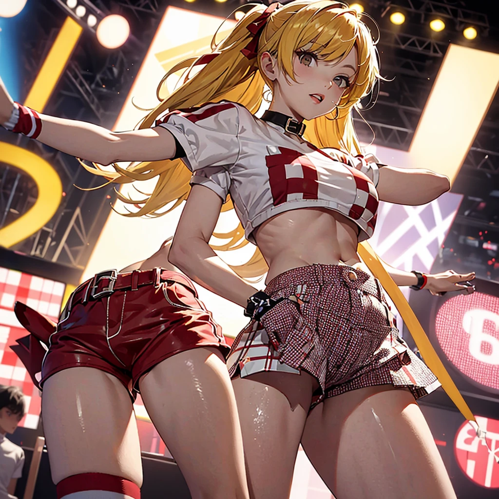 Party girl, red and white revealing checkered clothes, yellow hair, high socks, dancing, communication skills, exposed belly button, hot pants, beautiful woman,looking at viewer
