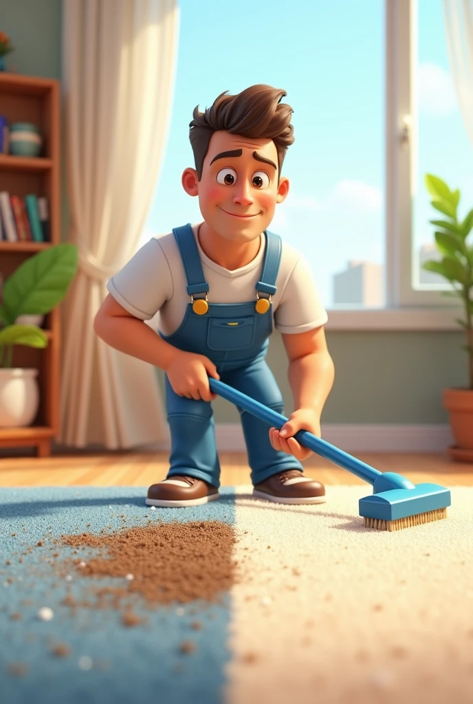 I want you to create an animated logo for me with a man cleaning a carpet, The carpet should be half dirty and the other half sparkling clean.