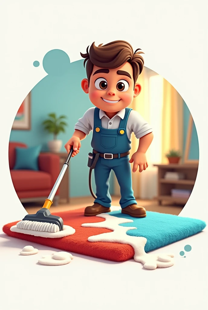 I want you to create an animated logo for me with a man cleaning a carpet, The carpet should be half dirty and the other half sparkling clean.