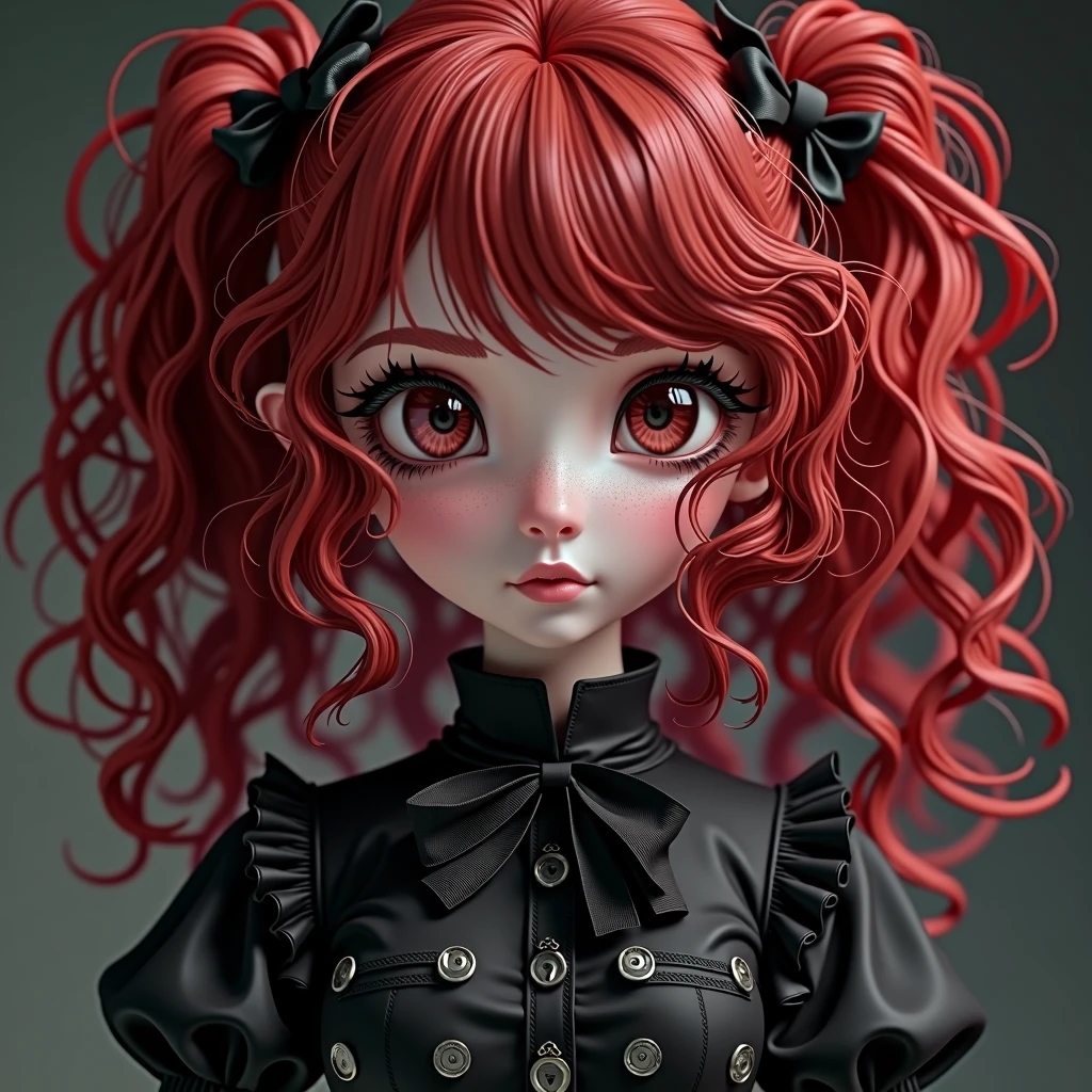 Gothic Fashion、20-year-old woman、8k、high resolution、Detailed clothing、3D Anime Style、Red curly hair、Big dark eyes
