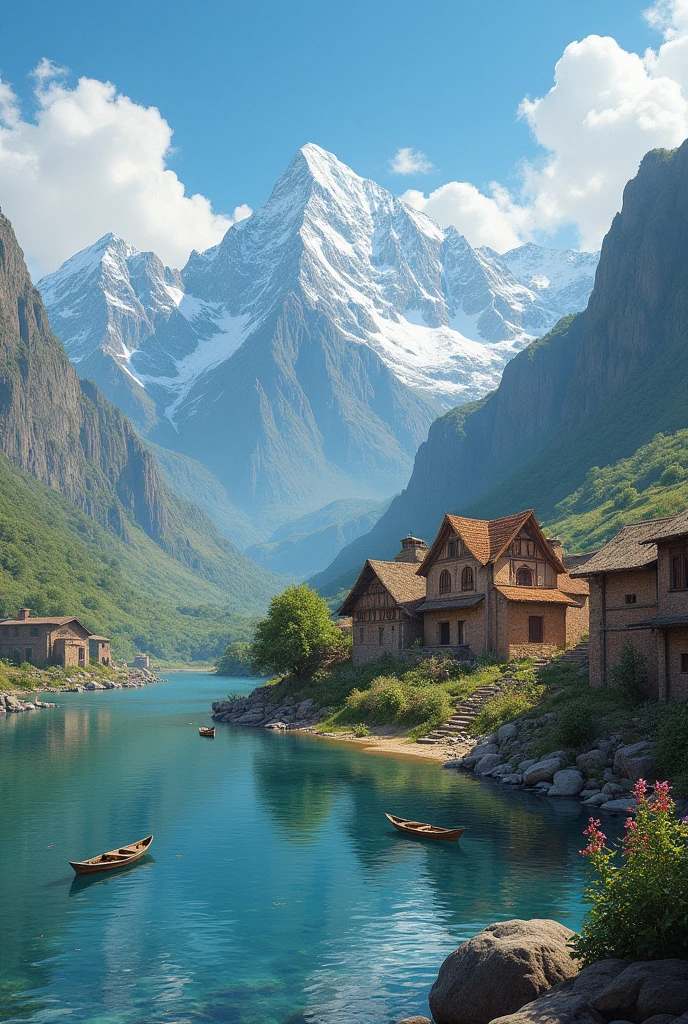 landscape drawing with beautiful mountains mud houses with lake and in lake small boats, indian village look