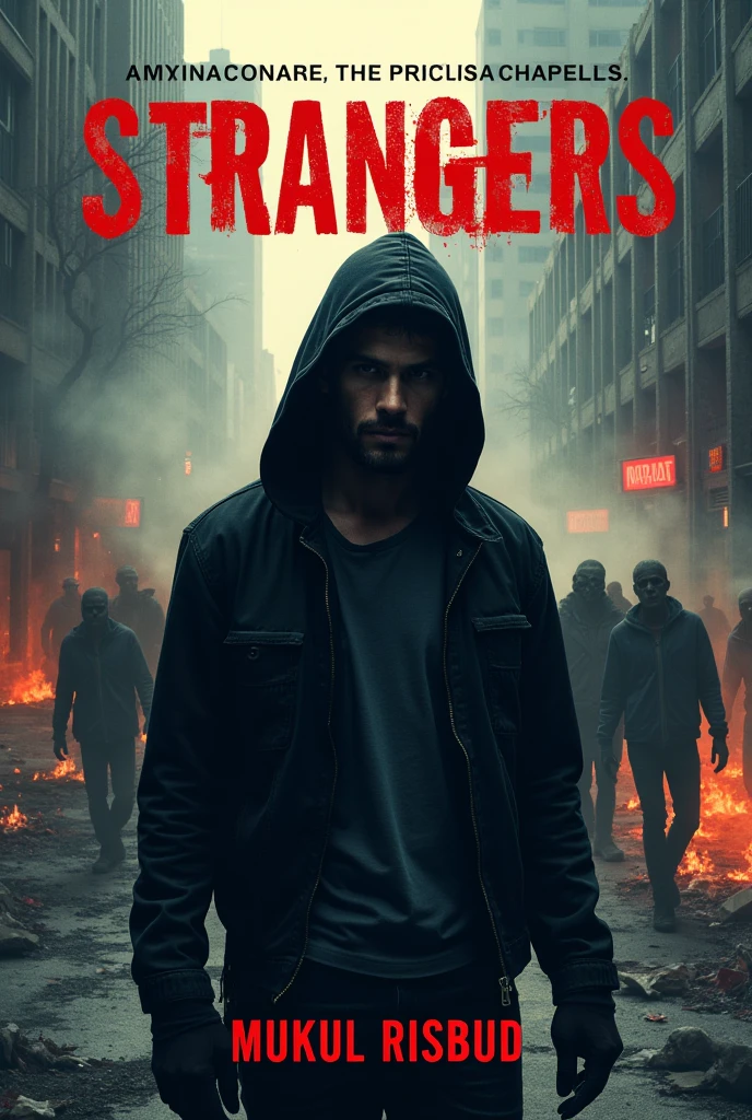 Novel Cover For Zombie Apocalypse Novel.The Main Character Is Loner Who Wears Black Hoodie.He Is Damn Handsome.Female Lead Is Simple Cute Girl.Novel Name Is Strangers.You Need To Show Some Zombies Also.And Writer's Name Mukul Risbud.Create Professional Novel Cover