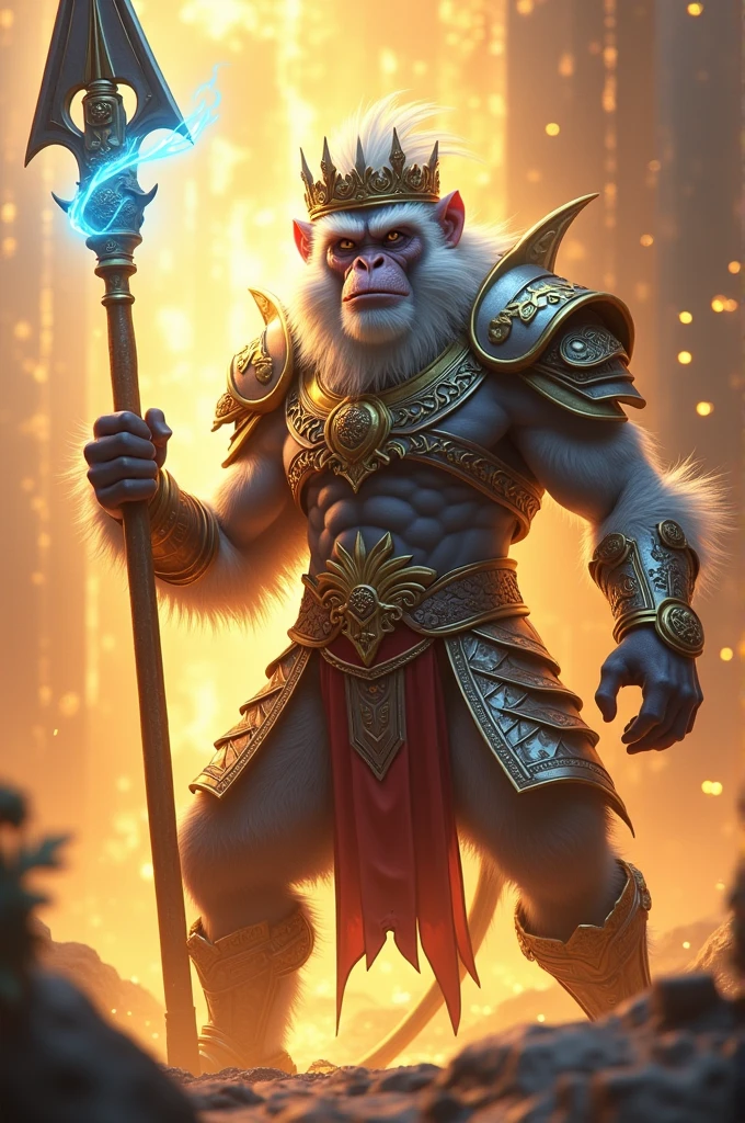 3D animation of a crowned white monkey king, angry, ready to fight, wearing armor, big dick, his body is filled with a strong golden energy aura, holding a spear with a burning blue aura