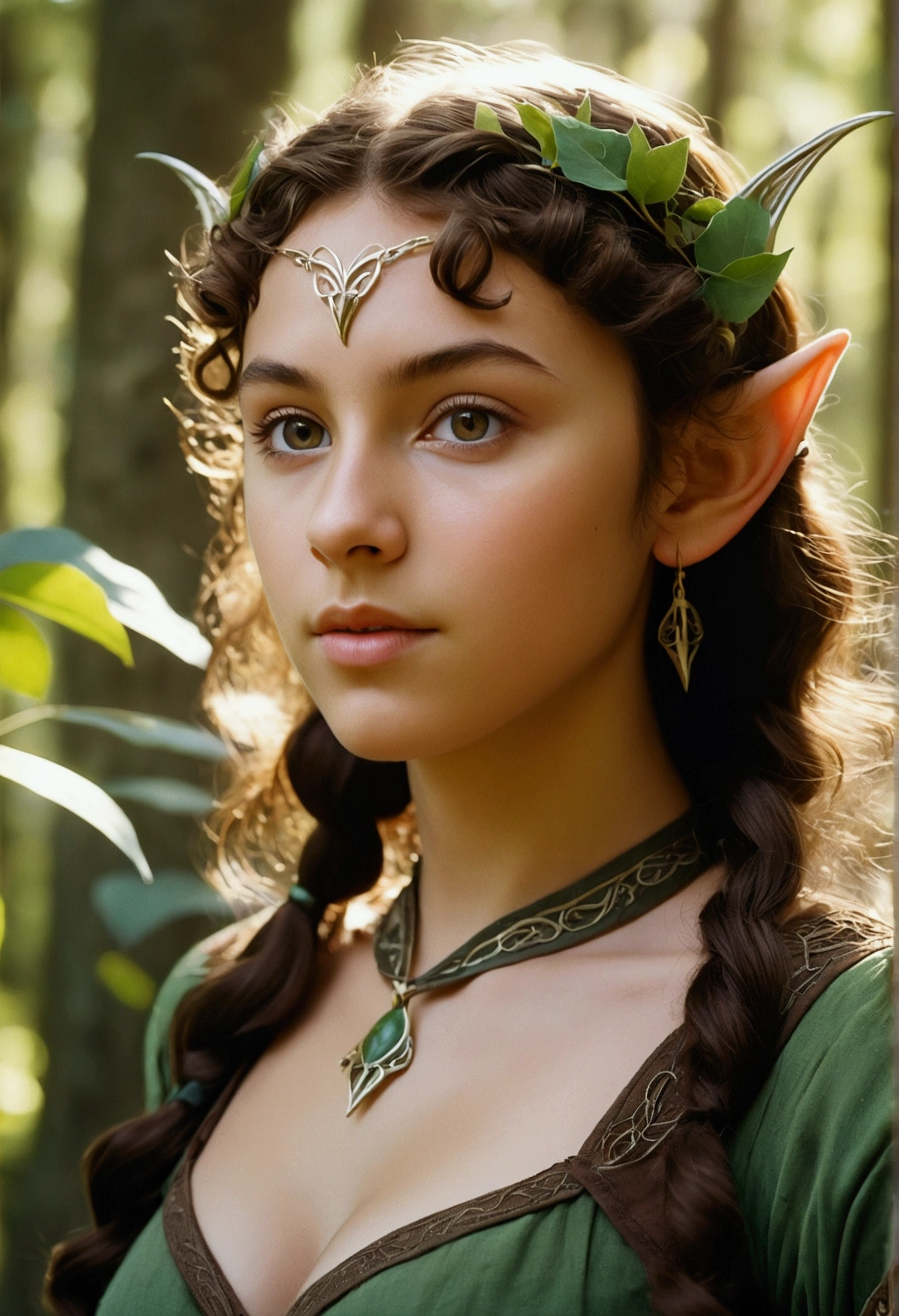 analog film photo, photo of a young elven girl, 18 years old, elf ears, hazel eyes, curly brunette pixie cut, sun-tanned complexion, olive skintone, Amazonian stature, voluptuous hourglass figure, busty bosom, narrow waist, full hips, big plump buttocks, wearing elven undergarments, strolling through a sunny fantasy landscape, RAW Photograph, dslr, soft lighting, high quality, film grain, Fujifilm XT3, detailed skin with visible pores, insane details, masterpiece, 8k, 35mm photograph, dslr, kodachrome, faded film, desaturated, grainy, vintage, Lomography, stained, highly detailed, found footage, close-up shot, elven ears