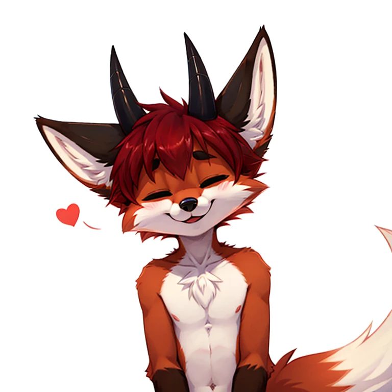 anthro male fox, dark red colored fur, black nose, green eyes, black horns very fluffy body, solo, furry art, eyes closed, half body view, thick tail, front facing, making a heart with his hands, cutecore, thin body, slim male, white background, front facing, tilted head, happy face, perspective from front
