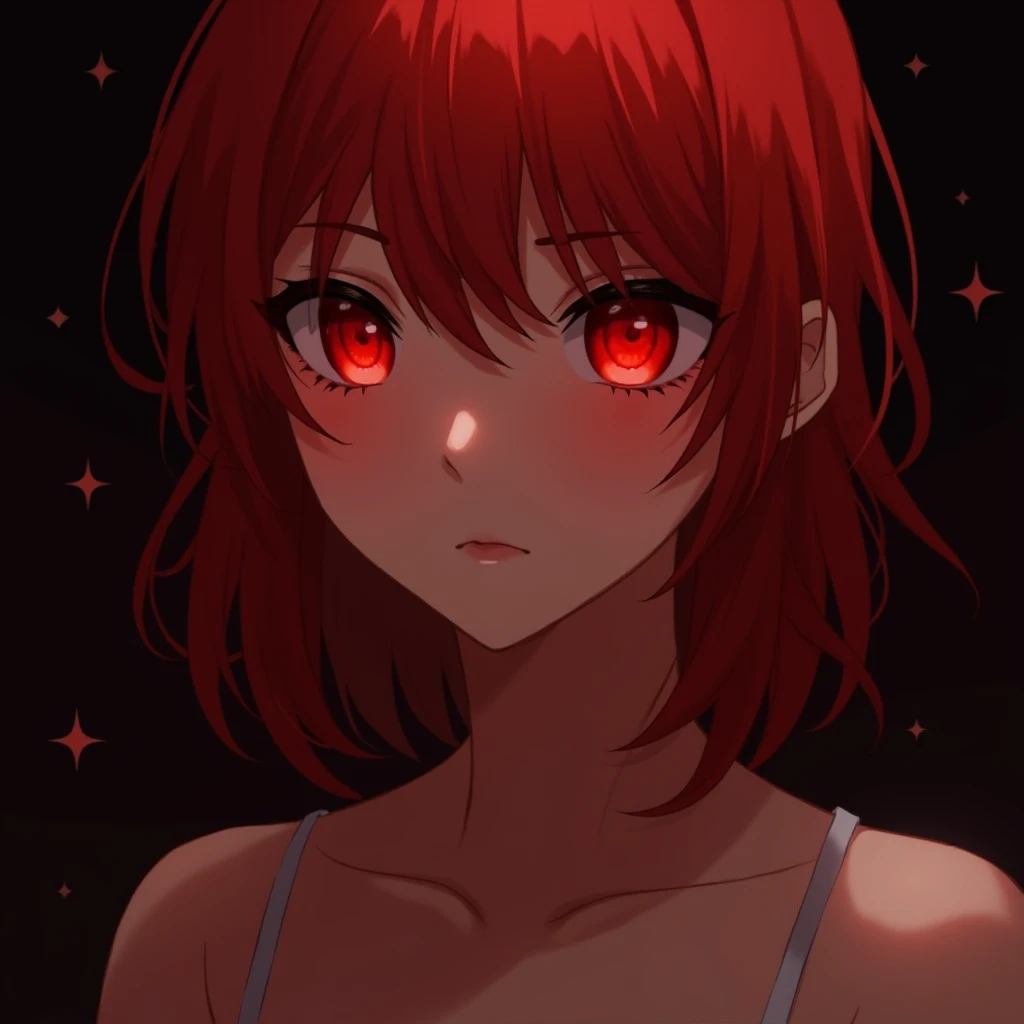 1girl, star eye, blush, perfect illumination, red hair, red eyes, unreal engine, sidelighting, detailed face, bangs, bright skin, simple background, dark background (escote:2) sexualmente sugerente inclinada hacia adelante sudorosa
