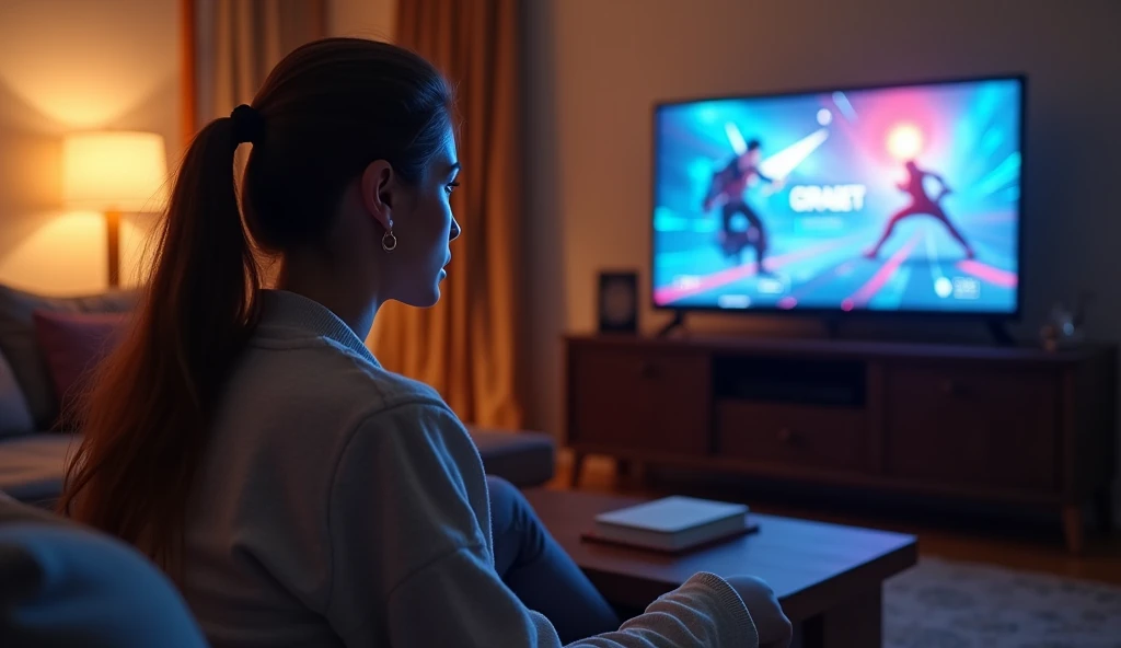A woman is engrossed in playing a PS game in a cozy living room, wearing stylish casual clothing. On the TV screen, the word 'CERIABET' is displayed with captivating game graphics