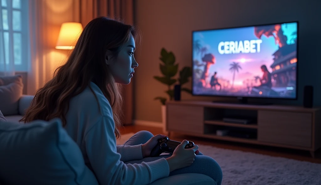 A woman is engrossed in playing a PS game in a cozy living room, wearing stylish casual clothing. On the TV screen, the word 'CERIABET' is displayed with captivating game graphics