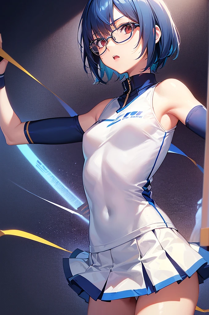 masterpiece, best quality,anime style, 1 girl,(((slender body))), (((small eyes,glasses))),(((cheerleader uniform))), (beautiful face), (((short hair))), (((straight hair))), ((((blue hair)))),detailed beautiful skin, (perfect hands, perfect ???????),scream