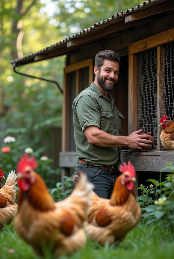 Create a 25 year old white guy, with black hair, social, with a beard and taking care of his super realistic chicken coop