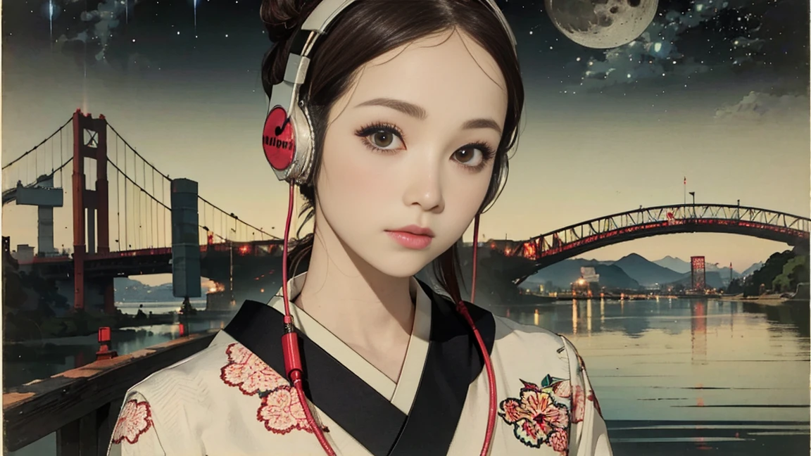 (Highest quality, 8k, masterpiece, High resolution), (whole body), Vibrant colors, Brown-black bob, Traditional topknot, Ample breasts, (Highly detailed face and eyes, Beautiful Face, Beautiful Eyes, Beautiful nose, Pretty lips), Official Art, Ukiyo-e style, (Beautiful woman in kimono), (Vivid floral patterned kimono), background, river, bridge, Mountain, wood, Starry Sky, moon, Detailed CG, ((headphones)),