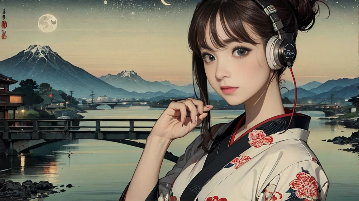 (Highest quality, 8k, masterpiece, High resolution), (whole body), Vibrant colors, Brown-black bob, Traditional topknot, Ample breasts, (Highly detailed face and eyes, Beautiful Face, Beautiful Eyes, Beautiful nose, Pretty lips), Official Art, Ukiyo-e style, (Beautiful woman in kimono), (Vivid floral patterned kimono), background, river, bridge, Mountain, wood, Starry Sky, moon, Detailed CG, ((headphones)),