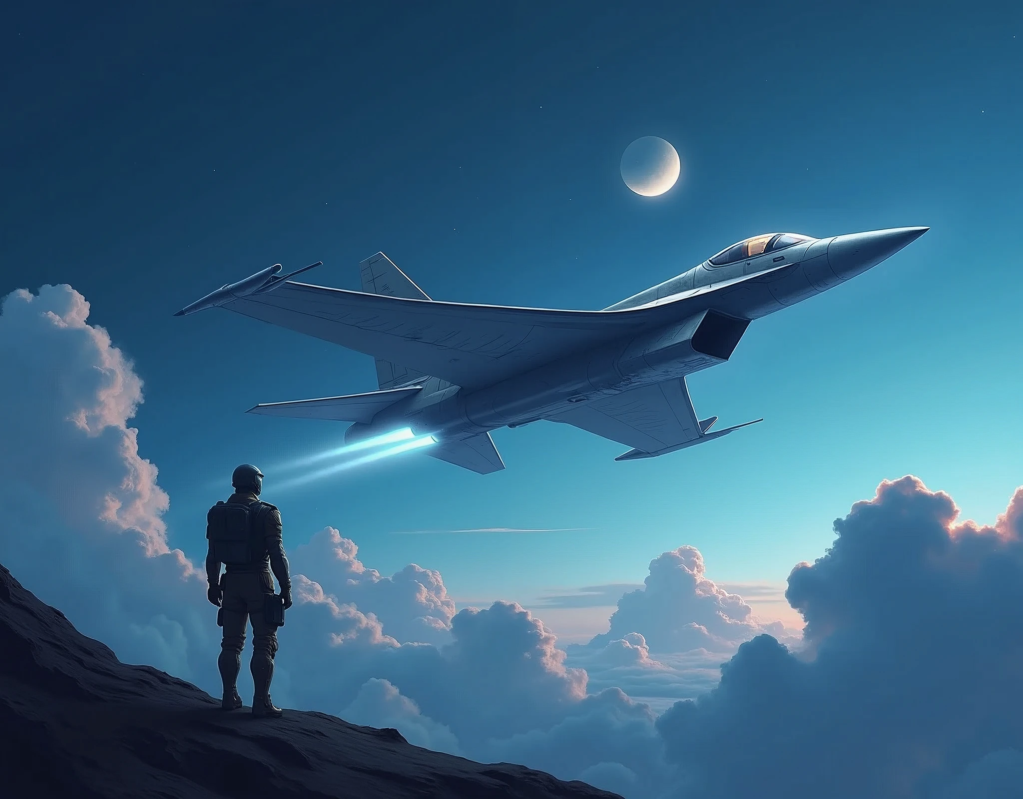 A futuristic sci-fi scene unfolds as a sleek, high-tech jet soars through the sky, its metallic sheen reflecting the pale moonlight. Against the deep blue background, puffy clouds are scattered like cotton balls. The aircraft's nose is pointed towards the crescent moon, while the tail section glows with an otherworldly aura. In the foreground, a military vehicle, possibly a reconnaissance jet, takes center stage, its helmet-shaped cockpit gazing up at the celestial body. The focus remains on the spacecraft as it pierces the atmosphere, leaving a trail of vapor in its wake.