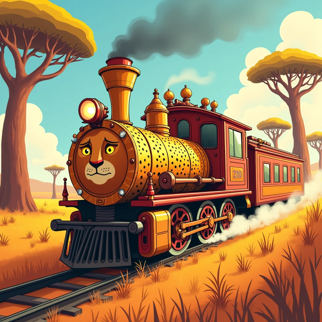 A whimsical cheetah-themed train speeding through a vibrant savanna landscape, colorful design, dynamic motion, high detail, fantasy style, illustrated concept art, bright colors, warm lighting,