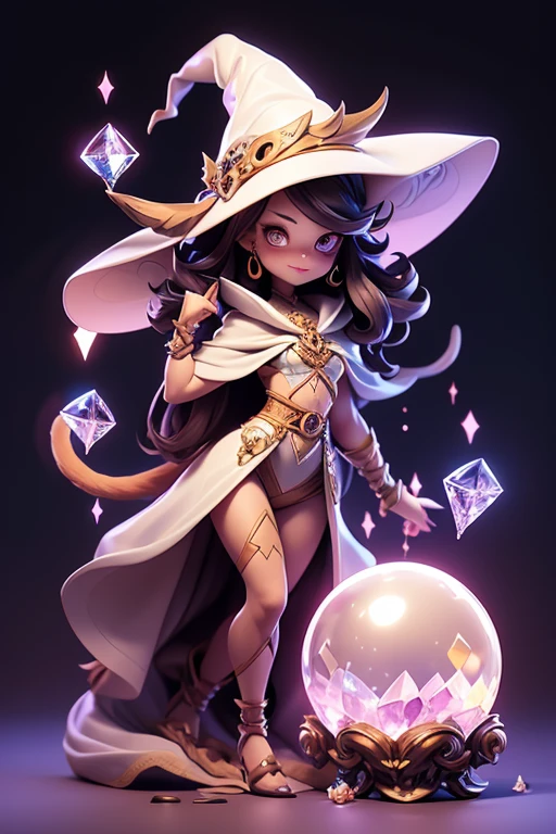 Create an image of a cat monster, facing forward, wearing a witch hat, with a crystal ball placed in front of it. The image should be detailed, sharp, and with beautiful colors. It should have arms, legs, eyes, and a mouth. The background should be white.