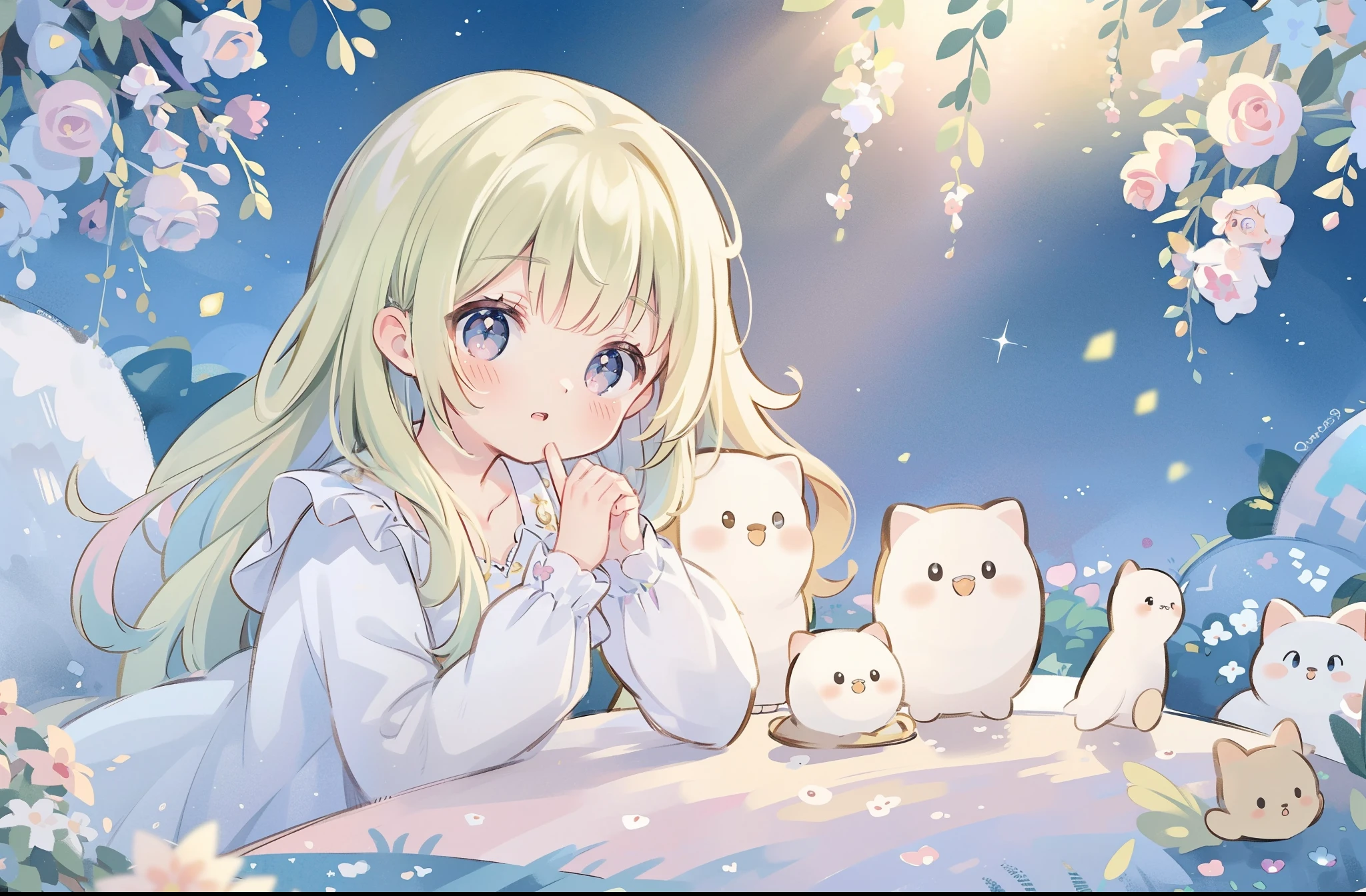 masterpiece, best quality, 8k resolution, sharp focus, intricate detail, beautiful girl, sparkling eyes, golden ratio face, otherworldly liquid, watercolor, muted colors, bright colors, whimsical, colorful, sharp focus, high resolution, fine detail, ((layered tiered puffy long sleeves ballgown)), ((round eyes)), iridescent bubbles, fantasia background