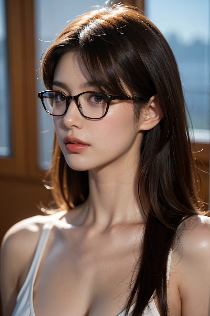a young woman with long brown hair, glasses, large breasts, nude, nipple, nsfw, in a classroom setting, wearing a blazer, (best quality,4k,8k,highres,masterpiece:1.2), ultra-detailed, (realistic,photorealistic,photo-realistic:1.37), vivid colors, studio lighting, professional, extremely detailed eyes and face, beautiful detailed eyes, beautiful detailed lips, long eyelashes, intricate details