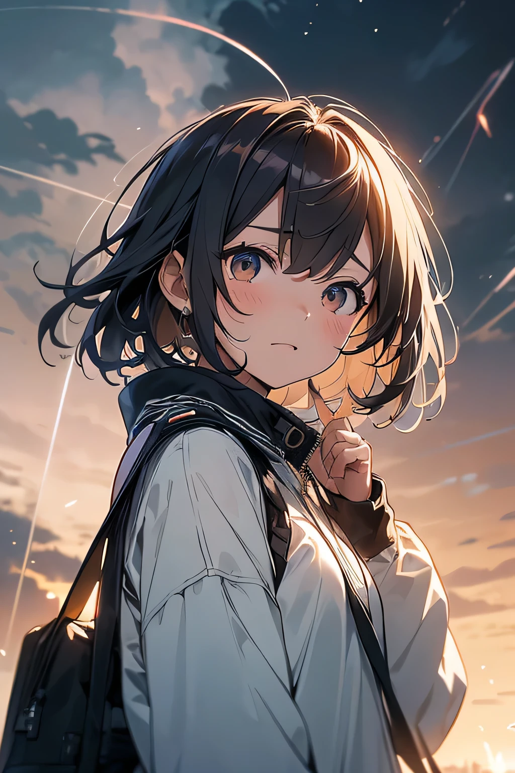 Highest quality、High resolution、Detailed Background、(Beautiful face in every detail:1.4)、age beauty、Anatomically correct、(Normal number of fingers:1.2)、Detailed eyes、Highly detailed face、Perfect body line、Light color hair、Bobcut、ponytail、cute hairstyle、well-groomed eyebrows、Cute gestures、Natural beauty、typhoon、heavy rain、Very strong winds、

(Typhoon day、storm.:1.5)、

Black clouds cover the darkening sky、A strong wind is blowing、wood々The branches are shaking violently、
A girl desperately trying to move forward、Wearing a light jacket and holding her hair down, she is walking with all her might.、She occasionally looks back with a worried expression.、
The girl&#39;s legs are about to get tangled up as the strong wind blows them.、The road is littered with fallen signs and leaves, creating a dangerous situation.、
The girl seems to be desperately walking through it, searching for something.、A girl desperately tries to move forward in the dark and raging nature.、The girl&#39;s efforts and the raging typhoon、cute
