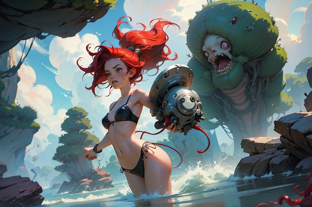 Epic sexy sheer bikini Cinematic PUNK ROCK cute red haired woman, with bouncing breasts no clothes in the style of Tony Sandoval and Ashley Woods art. Fighting slimy tentacles in the the clouds. EXPLOSION.
