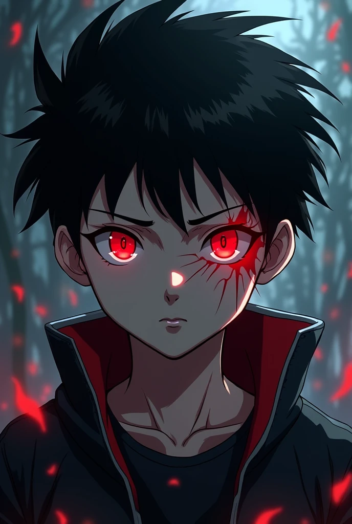 a black haired boy, anime, red-haired, red eyes and has a horrible scar on his right eye.