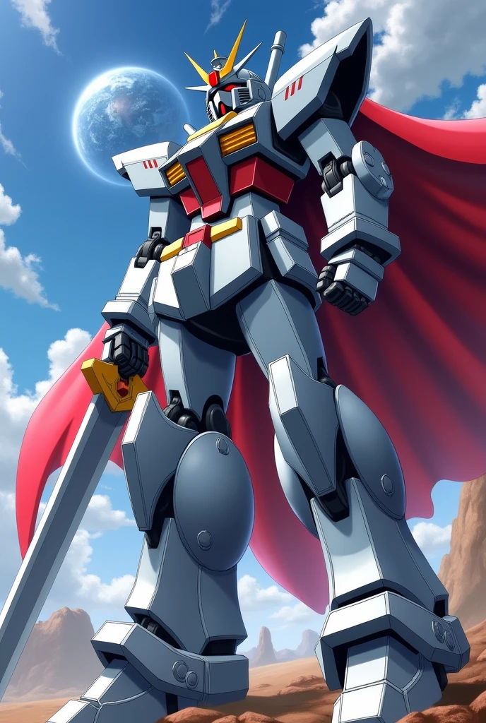 robot, silver-colored giant, anime with sword and shield, pose, space battle with Earth in the background, red cape, pointed shoulders 