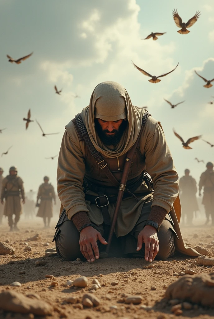 A Muslim man warrior offering namaz on the battlefield. And he put down his head in front of Allah. And doing sajda. There are birds flying towards the sky.