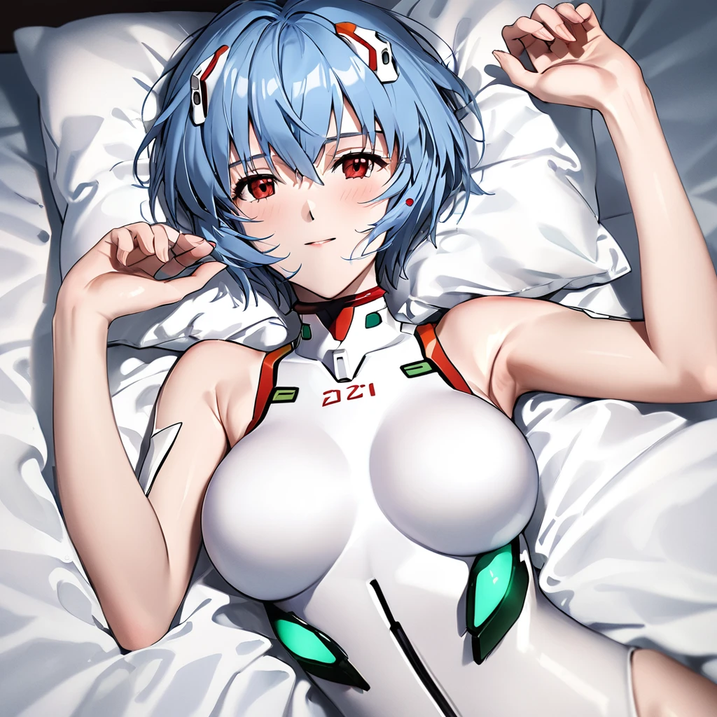 (High resolution:1.4)、(High resolution:1.4)、naked、beautiful girl alone、Symmetrical face、「Evangelion」character、Super Beauty「Rei Ayanami」、（Crimson Eyes）、Blue Hair、Short Hair、White Russian、soft and shy smile、To the camera、Lie down in bed、beautiful, Glowing Skin、Face melting in sexual climax、Softly lit、Cinematic colors、Incredibly realistic textures、Photorealistic and colorful、stylish、beautiful and dense large breasts、Attractive waist、Underarm、beautiful belly button、High resolutionの顔と目、Good fingers、