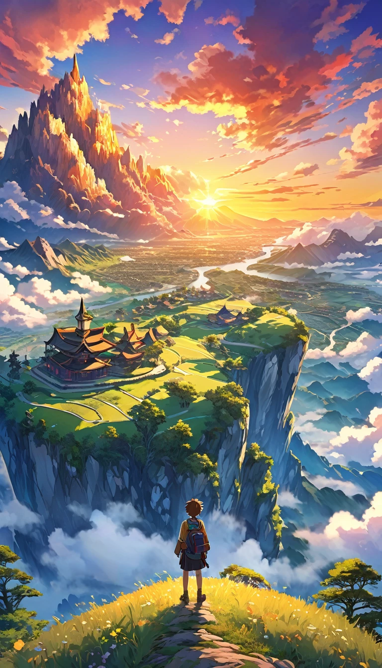 Against the backdrop of a breathtaking sunset, the Anime Boy stand atop a hill in the style of dreamlike landscape, anime art, 32k uhd, detailed world-building, national geographic photo, vibrant illustrations, painterly style --ar 3:4 --v 5.2