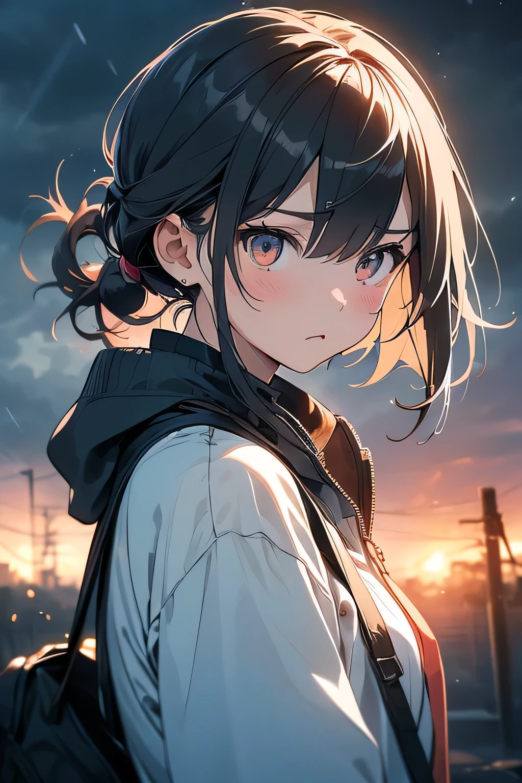 Highest quality、High resolution、Detailed Background、(Beautiful face in every detail:1.4)、Teenage beauty、Anatomically correct、(Normal number of fingers:1.2)、Detailed eyes、Highly detailed face、Perfect body line、Light color hair、Bobcut、ponytail、cute hairstyle、well-groomed eyebrows、Cute gestures、Natural beauty、typhoon、heavy rain、Very strong winds、
(Typhoon day、storm.:1.5)、
Black clouds cover the darkening sky、A strong wind is blowing、wood々The branches are shaking violently、
A girl desperately trying to move forward、Wearing a light jacket and holding her hair down, she is walking with all her might.、She occasionally looks back with a worried expression.、
The girl's legs are about to get tangled up as the strong wind blows them.、The road is littered with fallen signs and leaves, creating a dangerous situation.、
The girl seems to be desperately walking through it, searching for something.、A girl desperately tries to move forward in the dark and raging nature.、The girl's efforts and the raging typhoon、cute