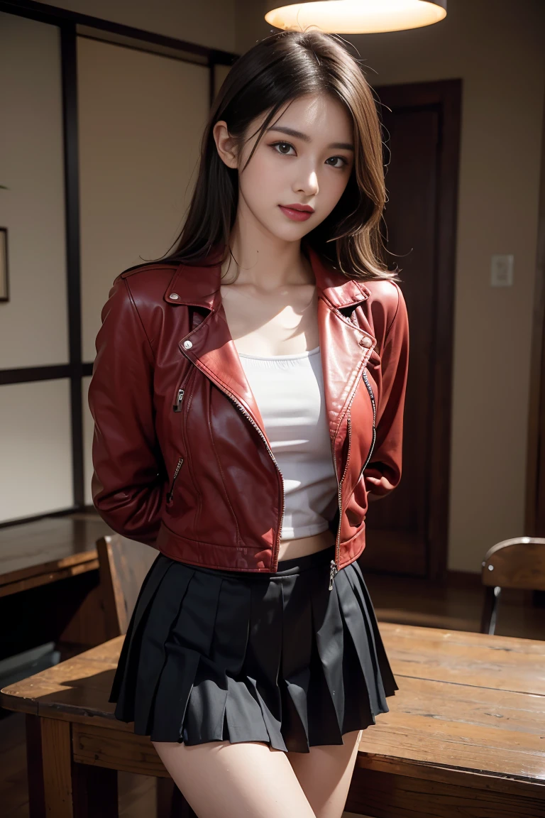 table top, 超high resolution, (realistic:1.4), 8ก, raw photos, best quality, Detailed shadows, miraculous, exquisite details, official art, nonsense, Sharp focus, (Lights on the face:1), (Volumetric light:1.4), (light on face:1), (cowboy shoot:1.3), abandoned factory、Night factory, abandoned factoryในnight timeในอเมริกา, night time, night road, (arms down:1.5), (arms behind back:1.5),
Take a break,
1 girl comes in、Japanese German、indian beauty、Dark mascara、Big eyes、My eyes fell., Dark eyeliner、dark red、red lips、Stylish body、Thin waist、Straight skeleton、Excellent style、8 heads、sexy legs、Beautiful fingertips、Small saggy breasts、complicated details、High quality、(High class:1.4)、Ultra realistic 8g、ใบหน้าperfect、perfect、clean、Masterpiece、Professional artwork、famous artwork、ใบหน้าperfect、beautiful expression、beautiful eyes、top half hair、Beautiful sexy fresh woman with outstanding proportions、have dark hair、Wet hair、Shiny clothes、Show smile,
Take a break,
(((Black pleated skirt)))、(((red leather jacket)))、(White tops:1.3)、big 、navel、Bare legs、, Take a break,
look at viewer, dynamic light, in the dark, deep shadow, low voice, complicated details, Fine skin, hair follicles, high resolution, do not have, 4K, realistic,