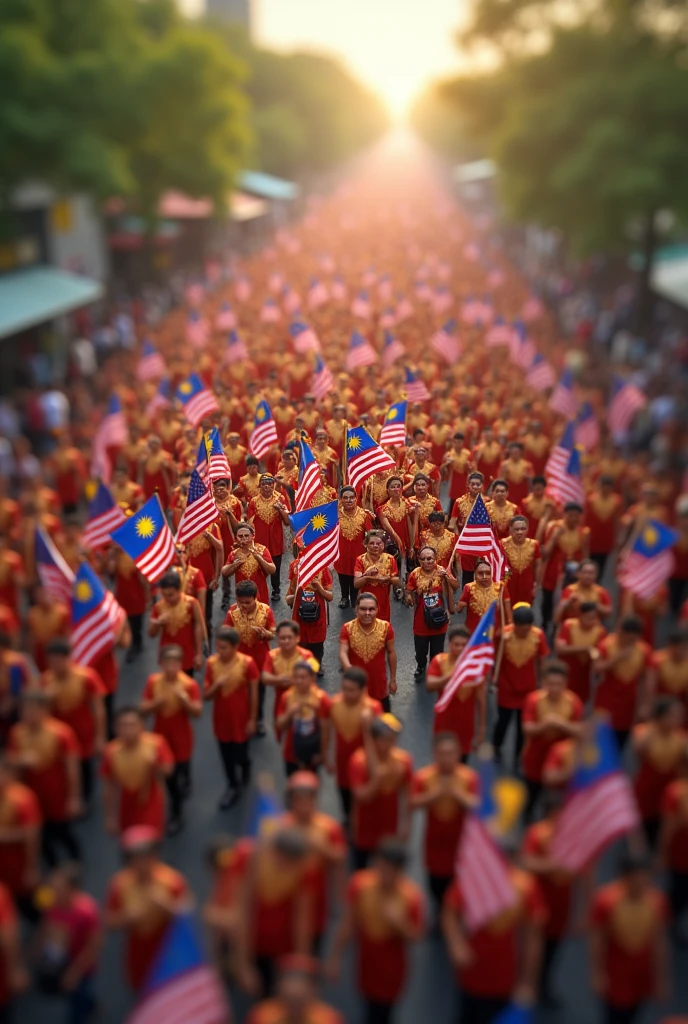 Malaysia independence day parade. Tilt shift photography. Morning. Very crowded. Malaysia flag every where 