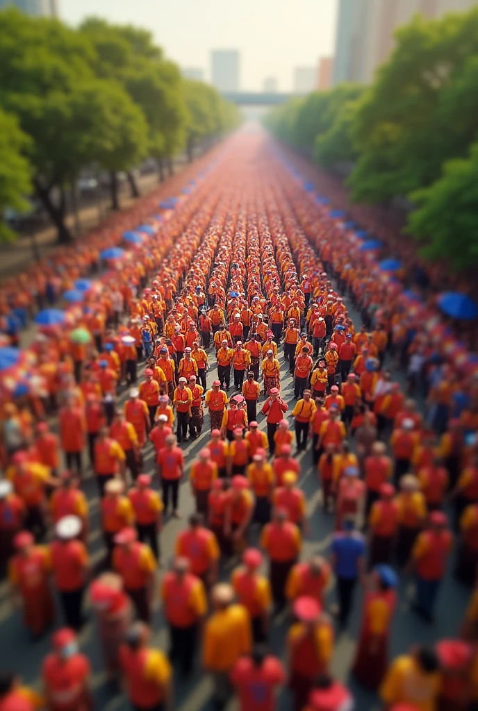 Malaysia independence day parade. Tilt shift photography. Morning. Very crowded. Malaysia flag every where 