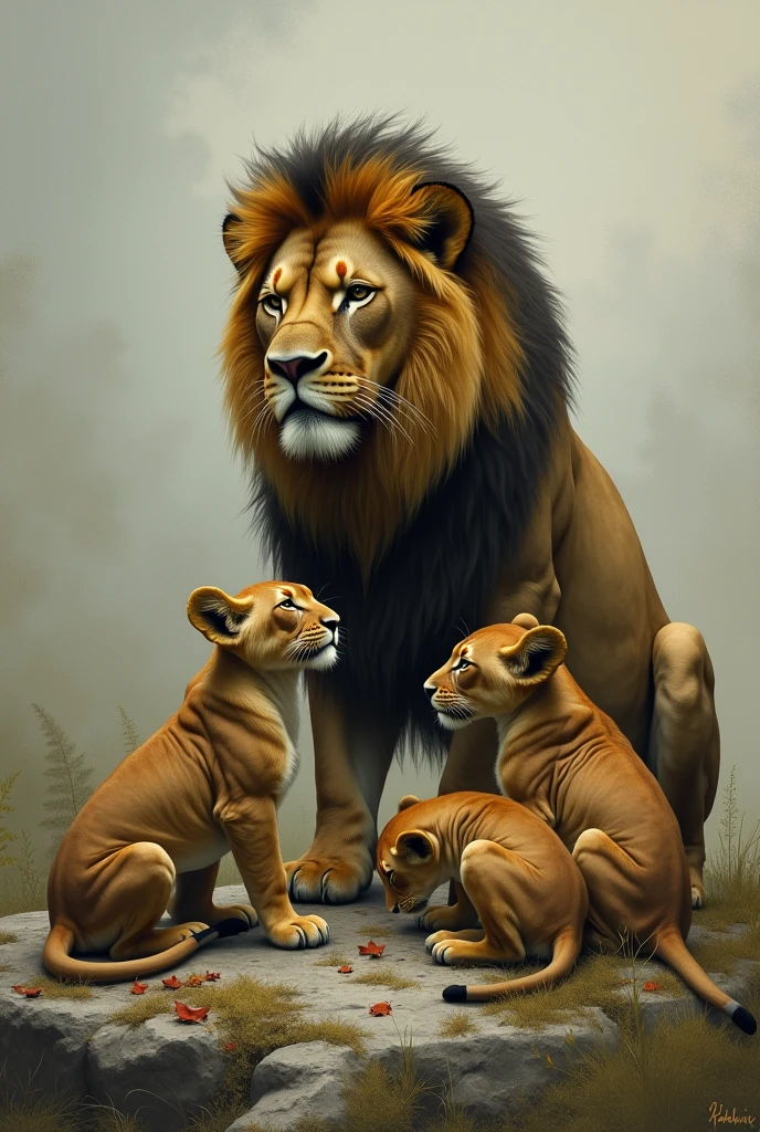 A sad loin with family 
