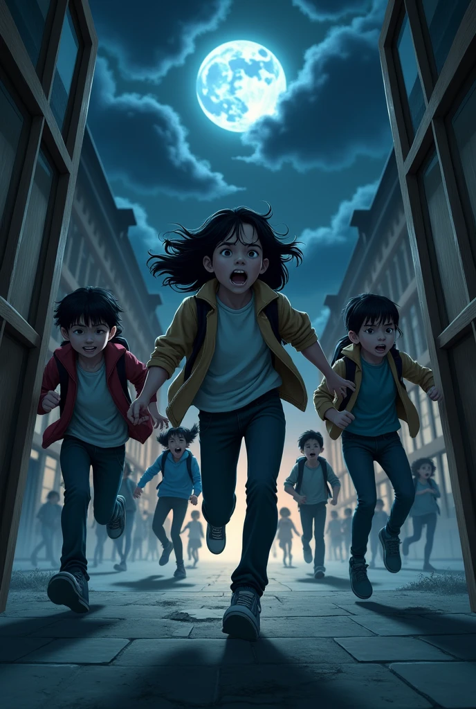 Multiple students run out of a school in the middle of the night. They will all be terrified, the image must be in the aspect ratio of 16:9