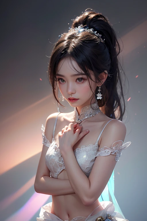 1 very beautiful girl in aozai dress, thin pink silk shirt with many white motifs, white lace top, long bangs and long ponytail in purple platinum, gorgeous hair jewelry, pretty face and cute, flawless face, earring jewelry, neck jewelry, beautiful eyes drawn meticulously, meticulous makeup, thin eyebrows, pretty, no smile, pursed lips, rosy cheeks, flat breasts, smallest breasts,tiny bust, slim waist, purple mesh socks, fictional art patterns, vivid colors and legs real, RAW photo, realistic photo, ultra high quality 32k surreal photo, (fantasy light effect: 1.8), 10x pixels, magic effect (background): 1.8), super detailed eyes, beautiful girl upper body portrait, girl alone, looking directly at the audience, wide original photo, 8k quality, super sharp, most detailed and clear picture, bright colors , even light, detailed light background,Beautiful Vietnamese girl wearing ao dai,Thoughtfulness,Personality,Elegance,Kindness,The chest area of the costume is wide open.,The navel and surrounding area are exposed,Shoulders exposed,Facing forward,No makeup,sobriety,16 year old beautiful girl,Small breasts,Small bust,Slim figure,Flat Chest,No lip,Looking straight ahead and glaring,Beautiful nipples,Masterpiece Background,