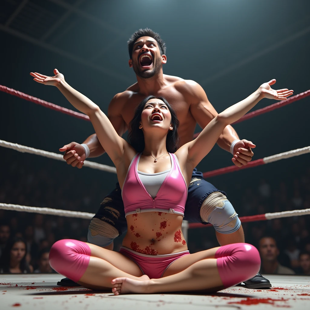 (8k, Realistic, RAW Photos, Highest quality: 1.4),In the pro wrestling ring, the female wrestler is being attacked by a male wrestler who is bigger than her. The female wrestler is a beautiful, slim (Japanese woman, 20-years-old) with shiny very short hair. Her body-hugging, glossy pink and white tank top accentuates her ample bust. She sits with her legs spread wide apart, (her right arm broken by the relentless attack of the male wrestler). ((Unable to bear the pain, she presses her right arm with her left hand and looks up at the sky, letting out a loud scream)). (The violent attack has left her outfit tattered and torn). The male wrestler stands behind the female wrestler, grabbing her legs and spreading her legs viorently. (The female wrestler is closing her eyes with an expression of extreme agony).